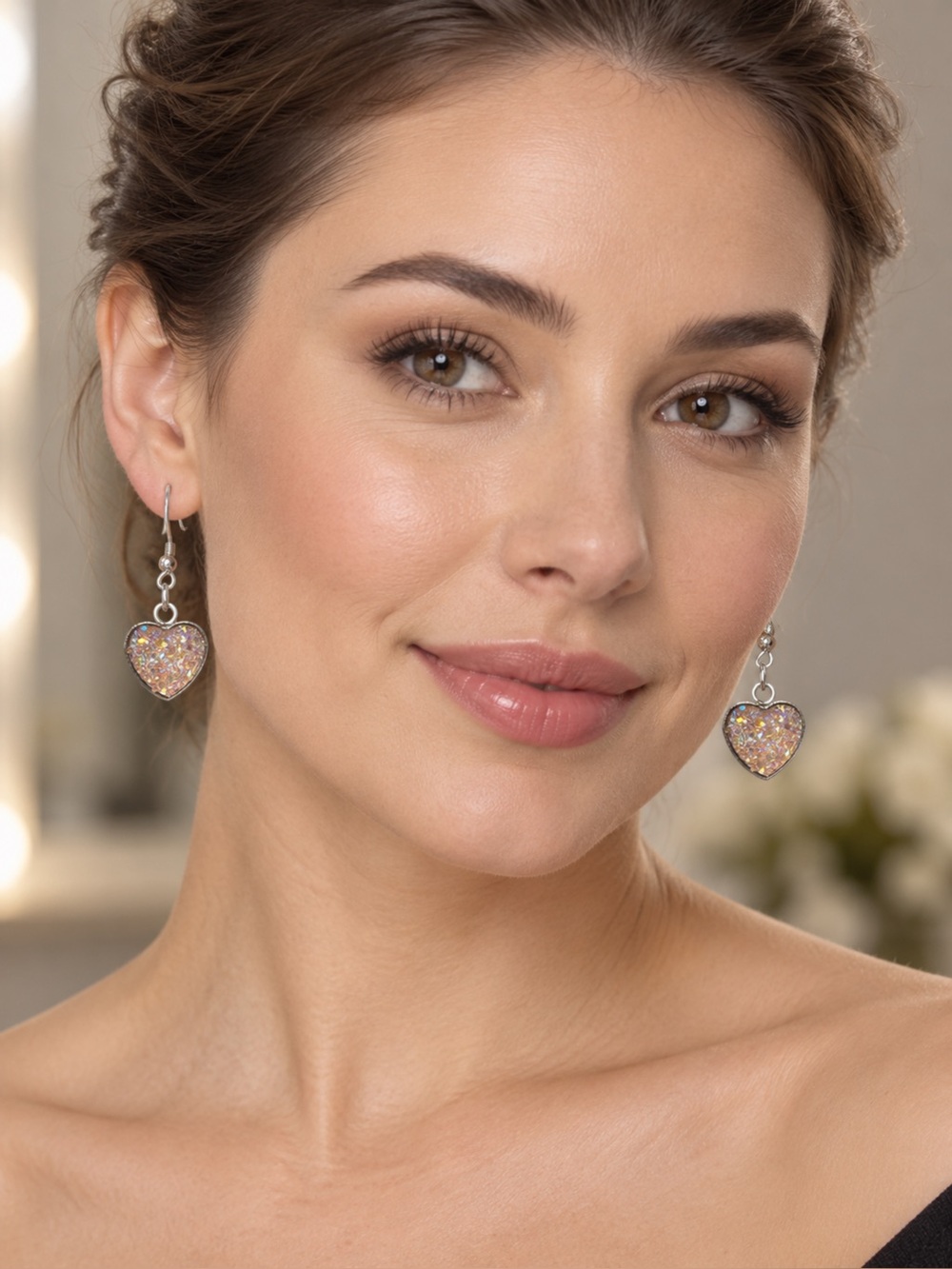 Heart Drop Earrings with Iridescent Pink Inlay